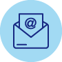 An icon of an "at sign" on a piece of paper within an envelope representing email enquiries.